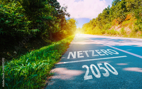 The word net zero on the street, the concept of net zero emissions by 2050, a long-term strategy for net zero emissions, no toxic gases, including carbon credits.