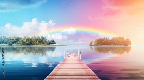 a dock on a lake with a rainbow in the sky