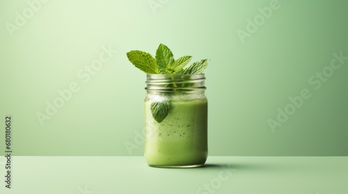  a green smoothie in a mason jar with a mint sprig on the top of the jar and a mint leaf on top of the jar, on a light green background.
