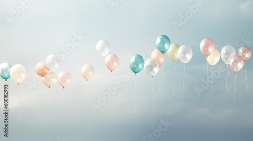  a group of balloons floating in the air on a cloudy day with a blue sky in the back ground and white clouds in the sky in the middle of the background.