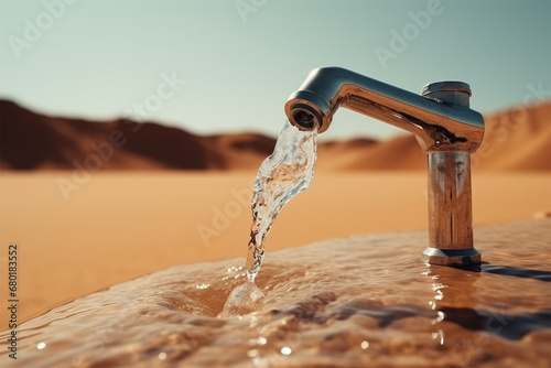 water flowing from a tap into the sand in the desert. planet concept of global warming, water shortage and drought