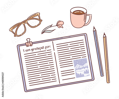 Gratitude journal. Vector illustration. Notepad, pencils and a cup of tea, glasses and a flower. Productive habits concept. Wellnes, emotional well-being