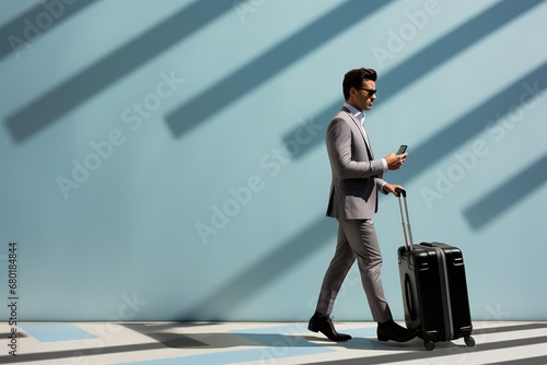 Business man and suitcase on abstract background. Business trip concept.