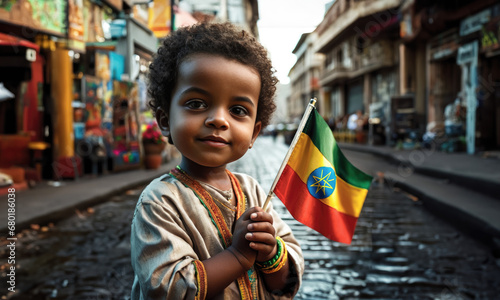 Ethiopian boy holding ethiopia flag in Addis Abeba street