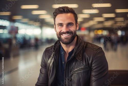 Portrait of a joyful man in his 30s sporting a classic leather jacket against a bustling airport terminal background. AI Generation