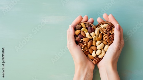  two hands holding a heart shaped basket filled with nuts on a blue and green background with space for a text or a picture of a hand holding a heart shaped basket filled with nuts.