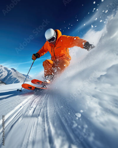 Adrenaline Rush: A Skier's Freeride Down the Snowy Mountain Slope, the orange ski suit contrasts with the blue of the sky and the purity of the snow, trail of snow behind the athlete