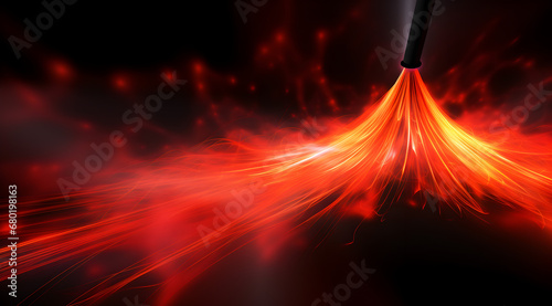 A hot infernal stream of red glowing neon hot lava pouring out on floor from a metal black tube.