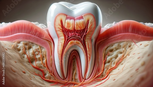 Cross section of a healthy human tooth and surrounding gums, highlighting the complex internal structure including the enamel, dentin, pulp, roots, nerves, and blood vessels.