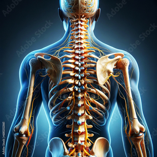 An anatomical illustration of the human spine, showing cervical, thoracic, lumbar, sacral, and coccygeal vertebrae, with labels for the intervertebral discs, spinal cord, and nerve roots.