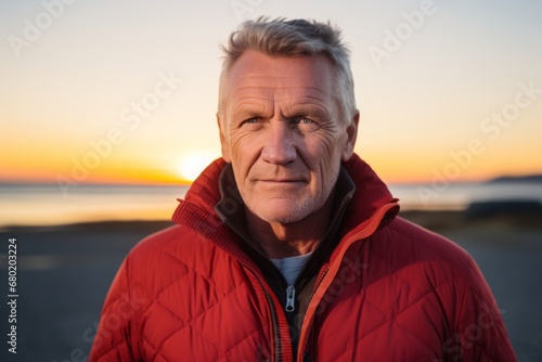 Portrait of a satisfied man in his 60s sporting a quilted insulated jacket against a vibrant beach sunset background. AI Generation