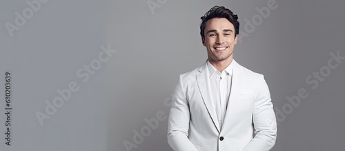 The isolated businessman, dressed in a fashionably white suit, poses for the camera with a happy smile on his face, his portrait displaying a cute and confident model.