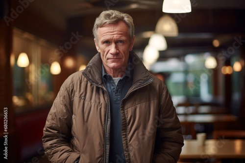 Portrait of a content man in his 50s sporting a quilted insulated jacket against a lively classroom background. AI Generation