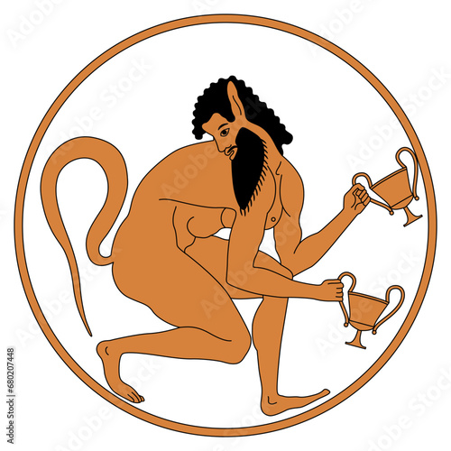Ancient Greek satyr holding two cups of wine in a ring. Vase painting style. Ethnic design. Isolated vector illustration.