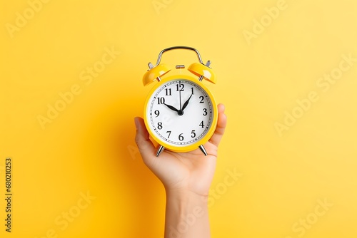 a hand holding a yellow alarm clock