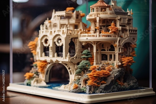 Miniature model of a house on display in Barcelona, Spain, The 3D printing machine make the 3D prototype model by resin material, AI Generated