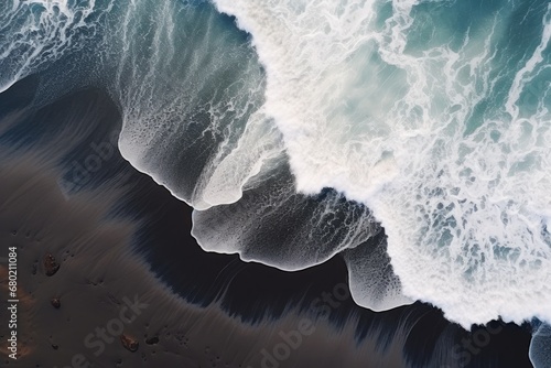 Abstract background of black volcanic sand with blue and white waves. 3D Rendering, The black sand beach in Iceland. Sea aerial view and top view, AI Generated