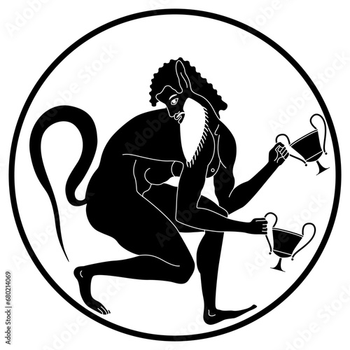 Ancient Greek satyr holding two cups of wine. Vase painting style. Ethnic design. Black and white silhouette.