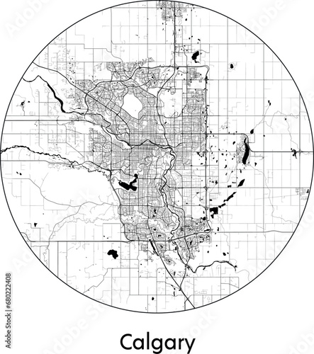 Minimal City Map of Calgary (Canada, North America) black white vector illustration
