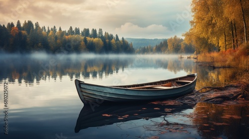 A wooden rowboat moored by the shore of a calm lake.