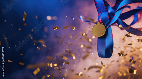 gold medal with blue ribbon, original medal mockup with gold confetti background in a horizontal banner, 