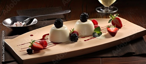 The restaurants exquisite presentation of the creamy vanilla panna cotta dessert on a wooden table, with elegant decoration, showcased the chefs skilled cooking and attention to detail, providing both