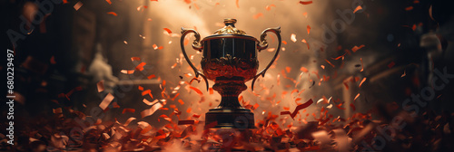 gold trophy in sports panoramic banner, dark atmosphere with orange backlight and red confetti 