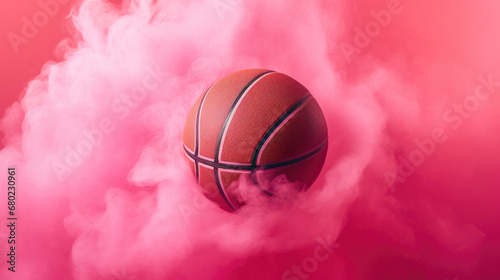 basketball in the middle of pink smoke background, creative and orignal banner, sport for all concept 