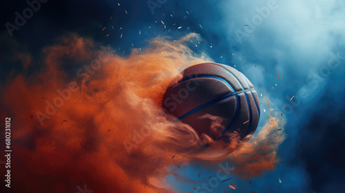 Basketball ball close-up in Celestial Flames, cosmic wallpaper contrasted with orange smoke and dark blue sky