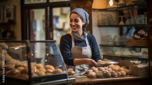 A spontaneous capture of the cheerful woman running a bakery and managing the shop, providing exceptional customer care while preparing an order to a satisfied customer in her store.