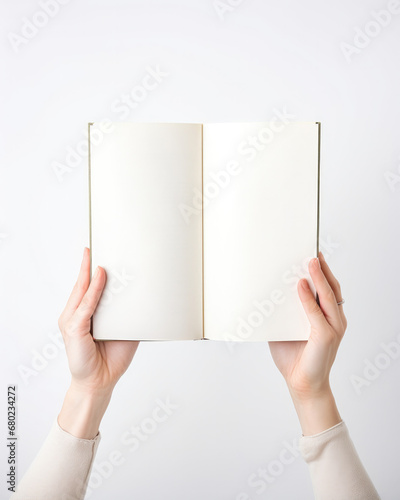 hands outstretched with an open white paper on a white background, open book mockup, concept image to announce an important message