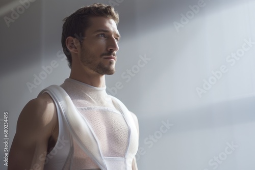 Portrait of a blissful man in his 30s dressed in a breathable mesh vest against a bare monochromatic room. AI Generation