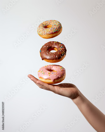 Hand Holding a Delicious Donut, tree doughnut topped with chocolate, pink glazed sweets and multi-colored sprinkle, creative and funny photoshoot for donut brand 