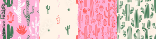 Hand drawn cactus plant doodle seamless pattern set. Vintage style cartoon cacti houseplant background. Nature desert flora texture, garden print. Natural interior graphic decoration wallpaper.