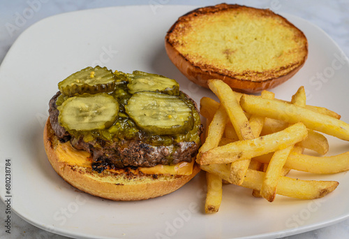  cheese burger top with pickles and relish served with fries