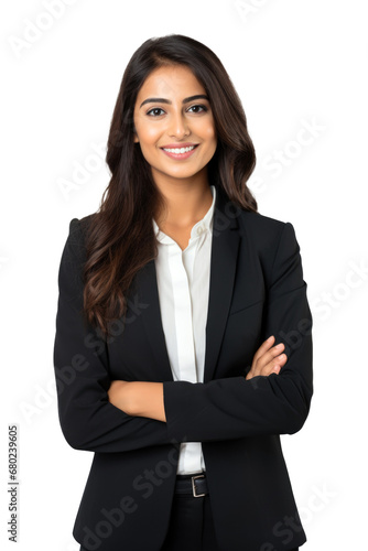 Portrait of a happy beautiful indian woman smiling and arms crossed isolated on transparent background. png