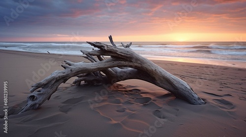  Driftwood lying on sandy coastal beach at sunset photography