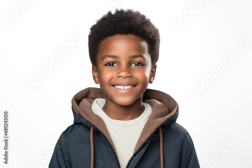 Happy multiracial boy isolated on white background. Portrait of black boy looking at camera. African american child