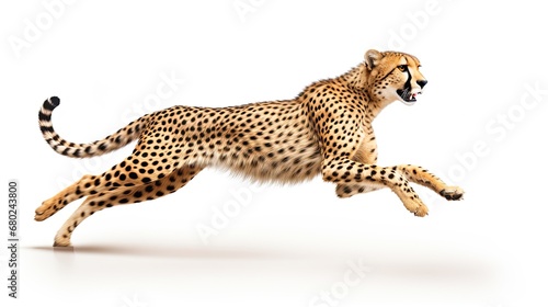 Running cheetah preparing to jump, full body length on isolated white background