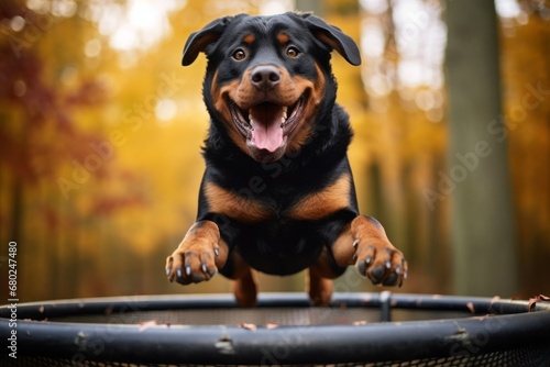 happy rottweiler jumping on a trampoline isolated in an autumn foliage background