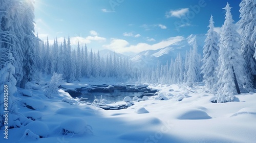Snowy Winter landscape on frozen water, river or sea, under the blue sky. Mountains, white soft snow and evergreen forest