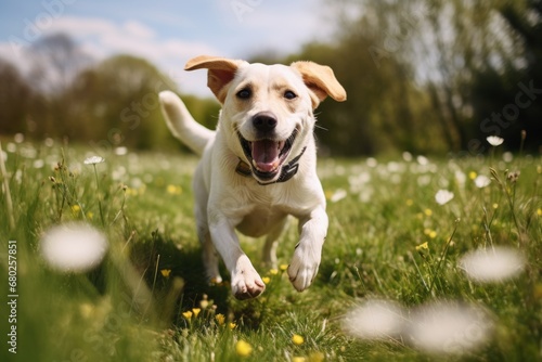 curious labrador retriever running on open fields and meadows background