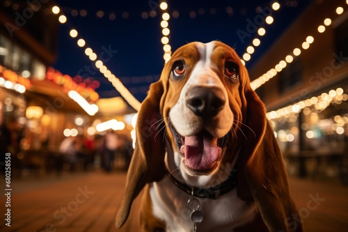 happy basset hound being in a field of flowers isolated in dog-friendly cafes and restaurants background