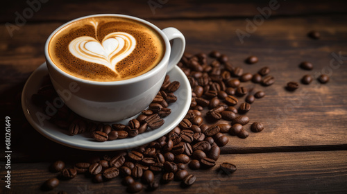 White ceramic cup and saucer on a wooden table, filled with a latte featuring a heart-shaped foam art design, surrounded by scattered roasted coffee beans.