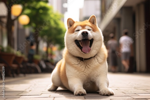 funny akita inu scratching the body in public plazas and squares background
