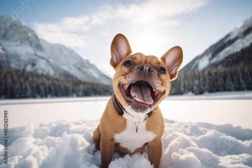 curious french bulldog barking on snowy winter landscapes background