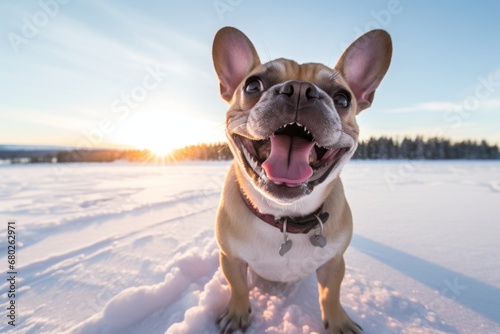 curious french bulldog barking over snowy winter landscapes background