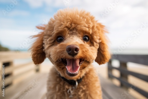 cute poodle barking isolated on beach boardwalks background
