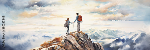 Happy Couple Reaching Top of Mountain Summit at Mountain Forest Trail. Enjoying Calming Nature, Having a Good Time on Holidays. Nordic Walking. Watercolour Illustration.