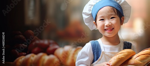 The adorable Asian girl with cute pigtails and a white apron stood happily in the bakery, holding a loaf of bread with her little hands, wearing a funny blue hat on her head. Her pink cheeks and